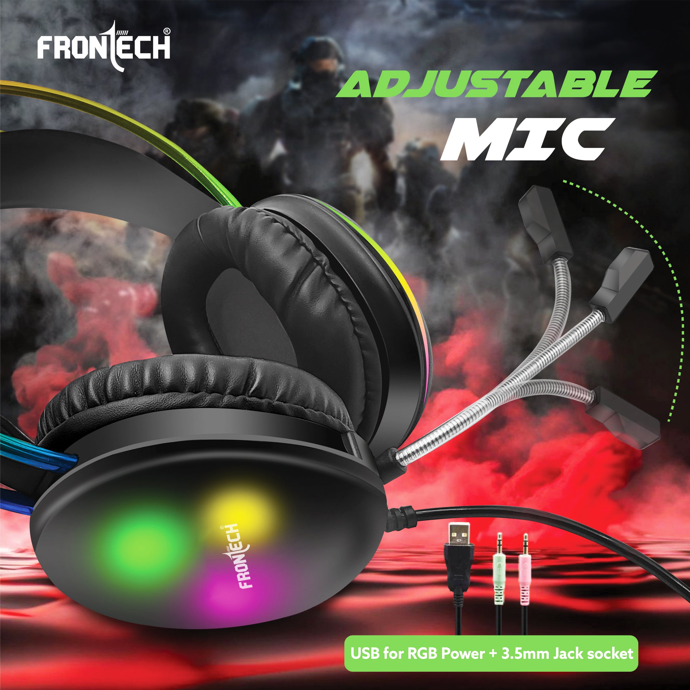 Frontech Gaming Headset with RGB Lights | 50mm Driver | Noise-Cancelling Mic | Volume Control | 3.5mm + USB for RGB | Soft Cushions (HF-0015) Frontech Gaming Headset with RGB Lights | 50mm Driver | Noise-Cancelling Mic | Volume Control | 3.5mm + USB for RGB | Soft Cushions (HF-0015)
